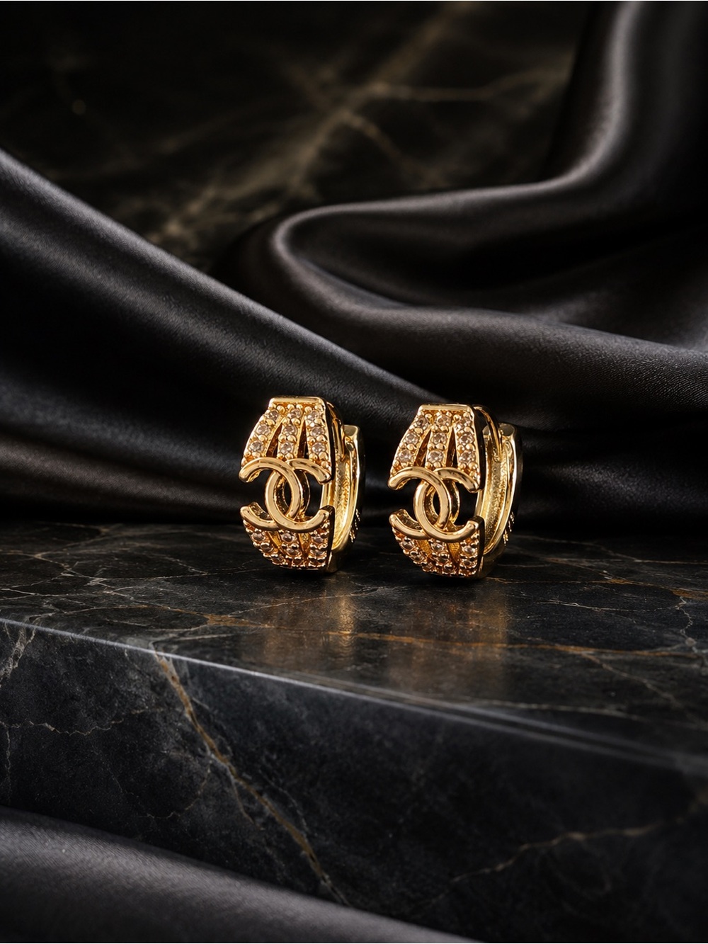 Gold Crystal CC Huggie Earrings